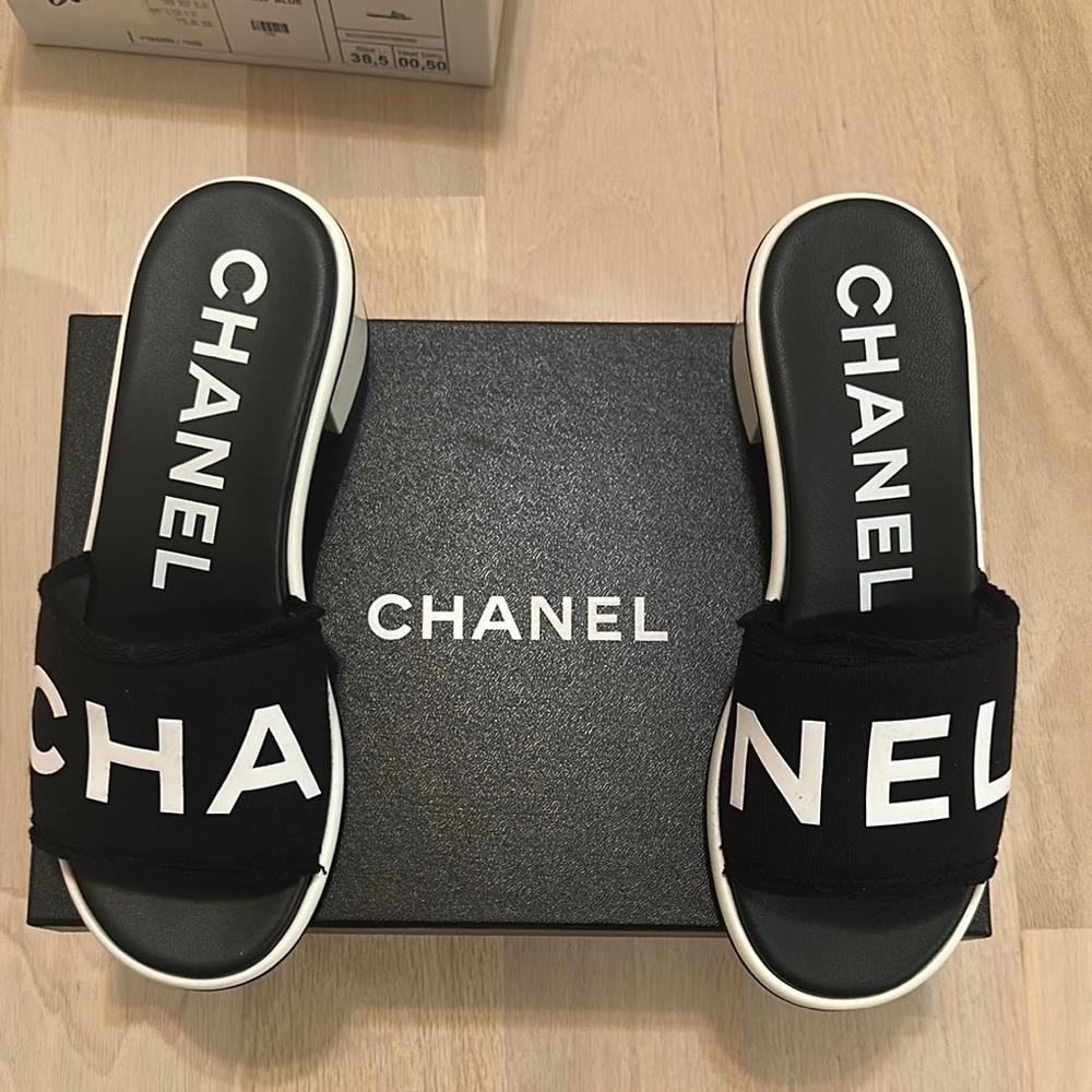 CHANEL Black and White Logo Slide Sandals